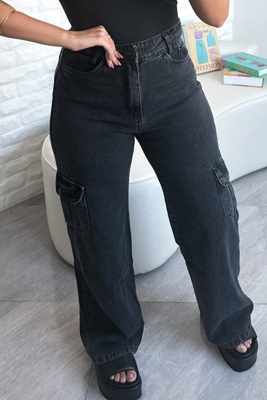 Calça Wide Leg Jeans Cargo Preta Marmorizada