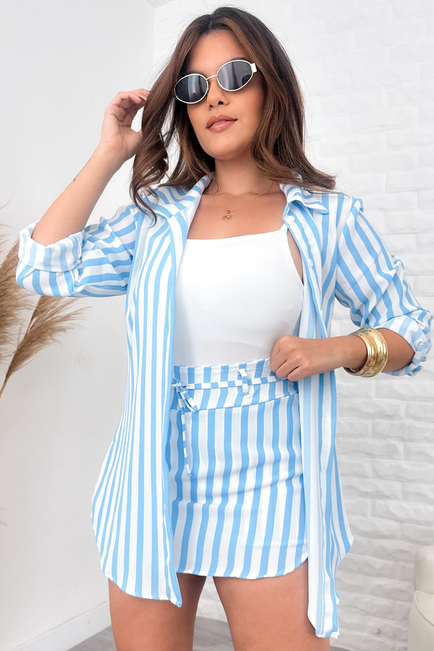 Conjunto Listras Camila Blusão + Short Saia