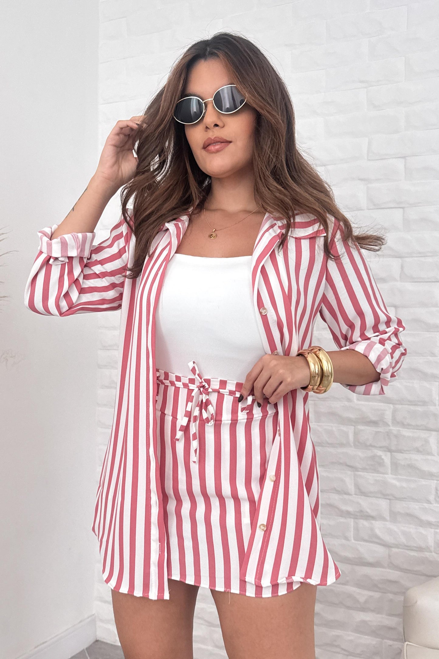 Conjunto Listras Camila Blusão + Short Saia